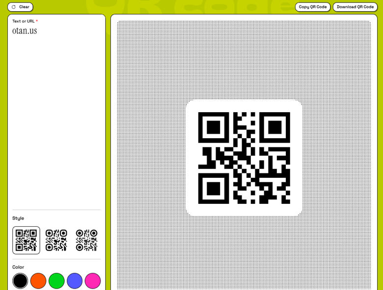 A screenshot of the QR maker with otan.us as the example. 